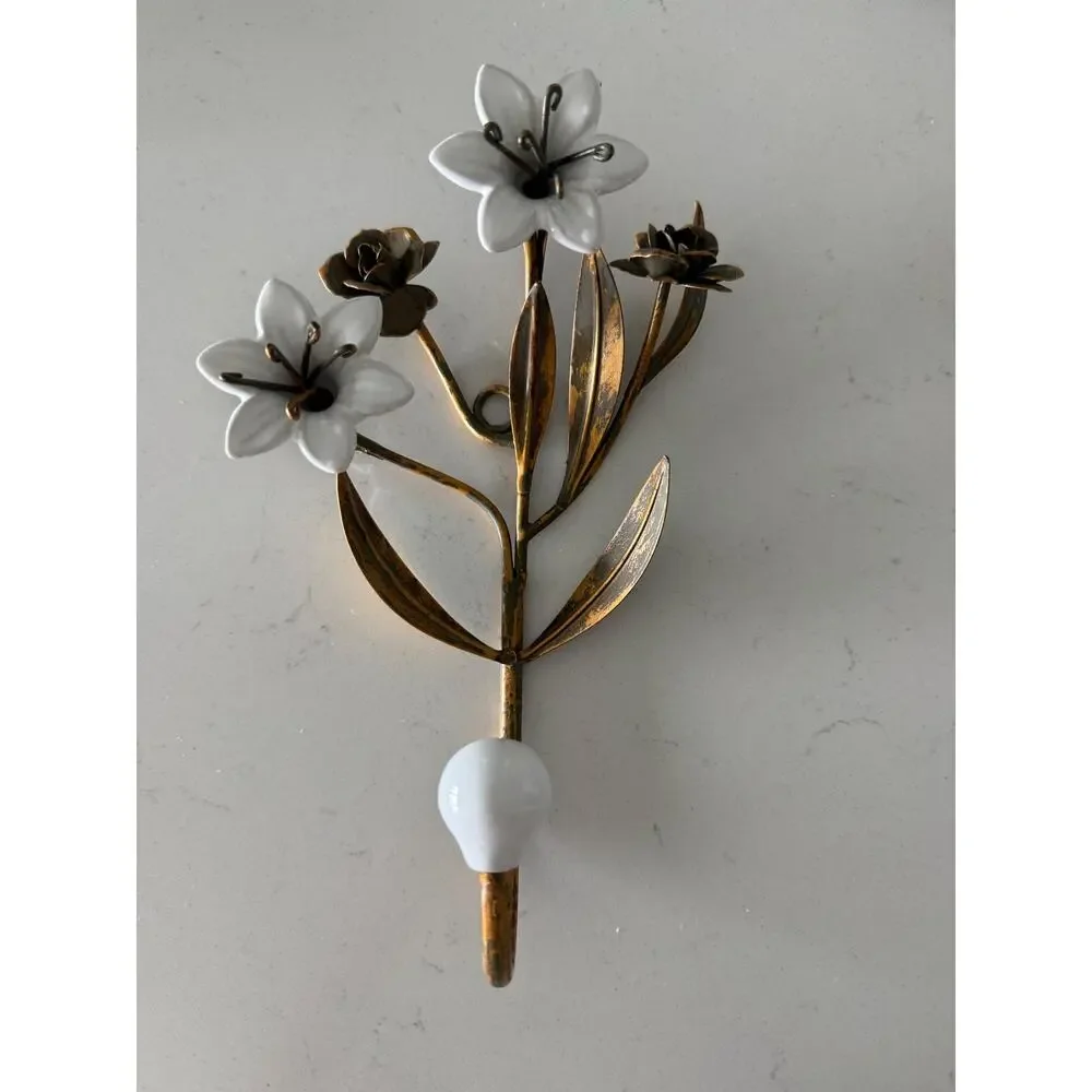 Vintage Italian Tole Wall Hook White Porcelain Lilies Gilt Florentine Decor